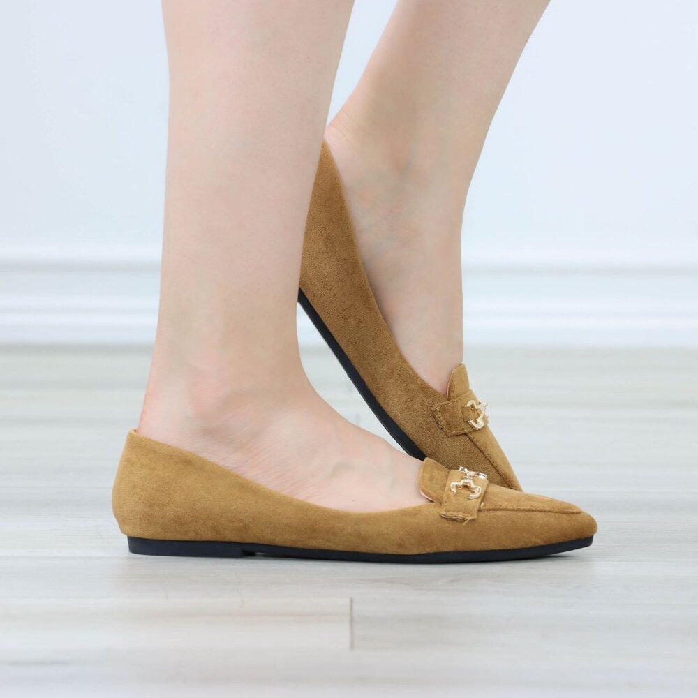Tan Faux Suede Loafers Pointed Toe Gold Horsebit Slip-On Flats - Picture 10 of 13